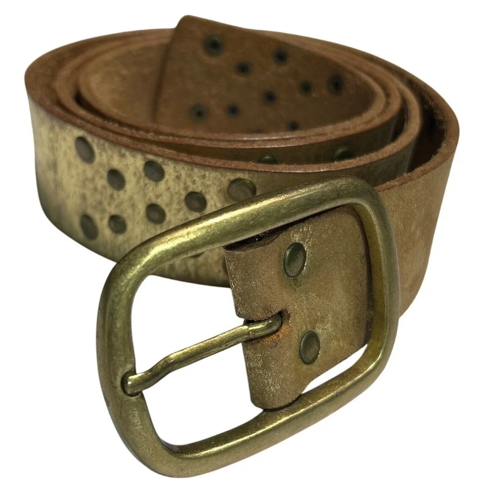 Womens Distressed Metallic Gold Studded Leather Belt Wide Brass Buckle L (33-37)